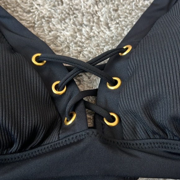 NWT $146 BECCA Medium M 8 10 Black Ribbed Sexy Bikini 2 piece swimsuit NEW Gold - Picture 11 of 16